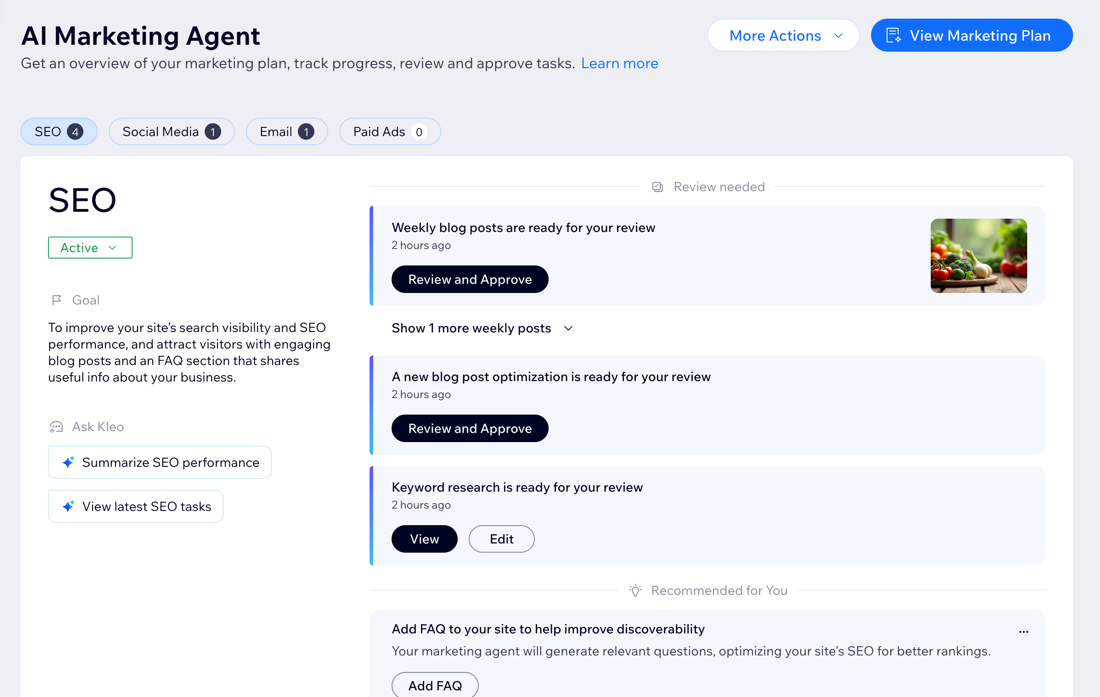 AI 마케팅 에이전트의 SEO 섹션 스크린샷