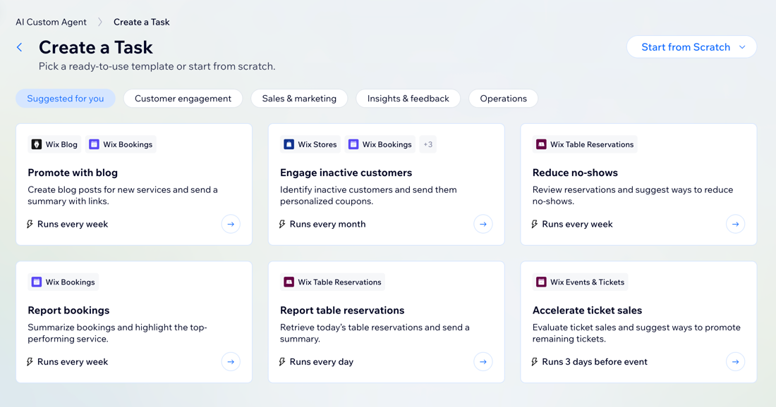 Ein Screenshot der Aufgaben-Template-Optionen im Eigenen KI-Agenten.