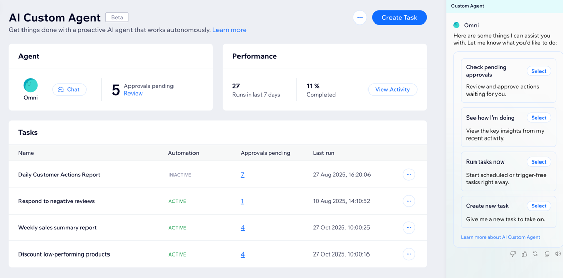 Capture d'écran du tableau de bord de l'agent personnalisé d'IA.