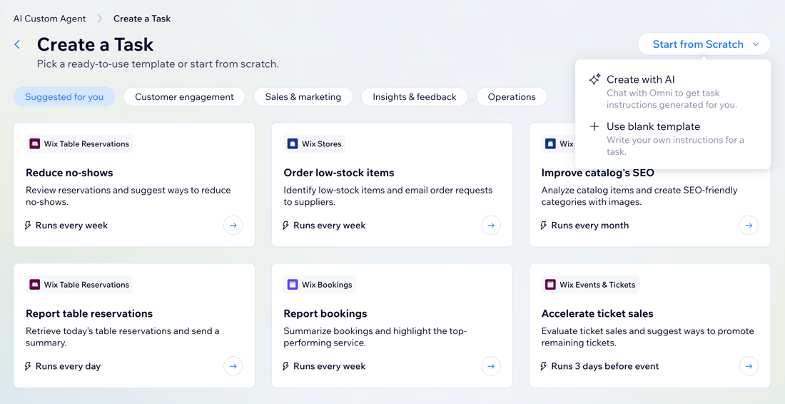 Ein Screenshot der Optionen zum Erstellen einer Aufgabe in der Verwaltung des Eigenen KI-Agenten.