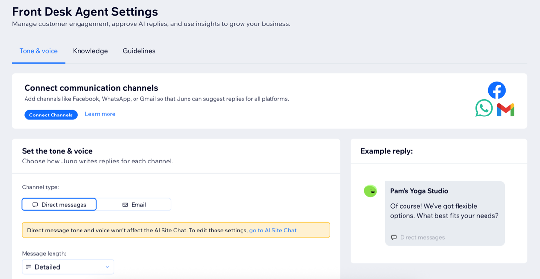 A screenshot of the Front Desk Agent settings.