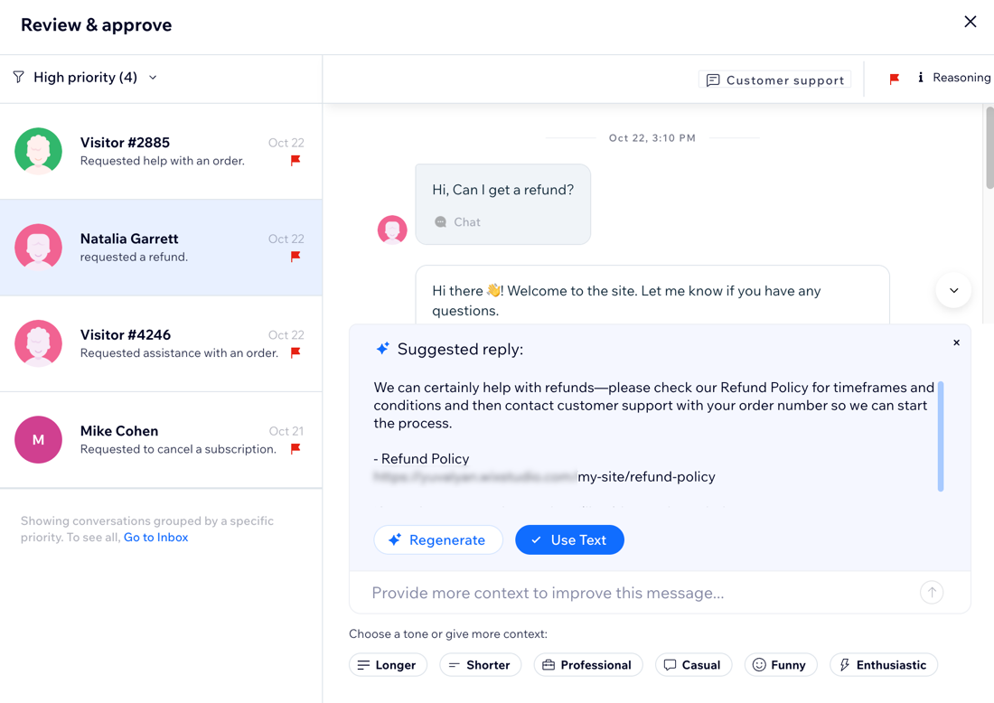A screenshot of the Review and approve window with an AI suggested response.