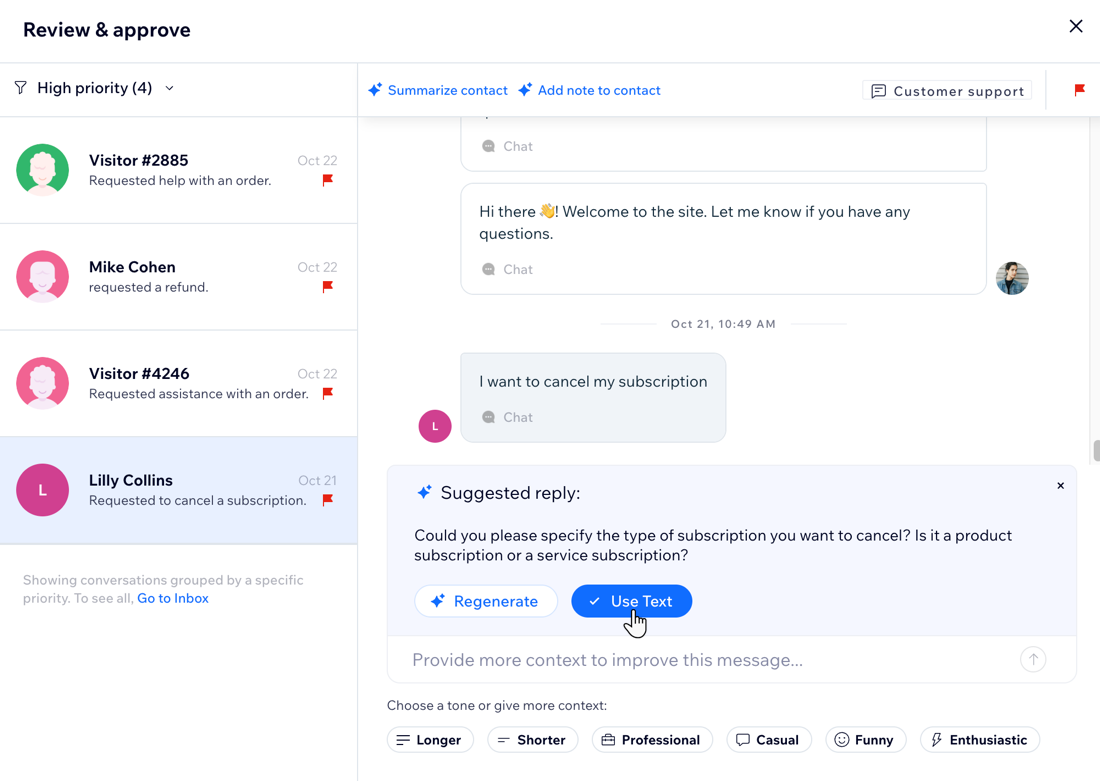 A screenshot of the Review and approve window with AI suggested text in the Front Desk Agent dashboard.