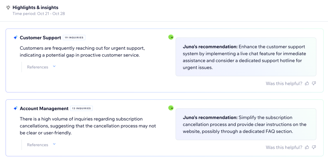 A screenshot of the Highlights and insights section in the AI Front Desk Agent dashboard.