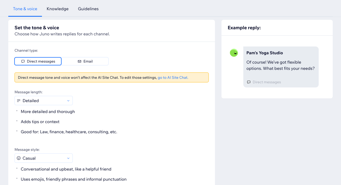 A screenshot of the tone and voice settings in the AI Front Desk Agent dashboard.