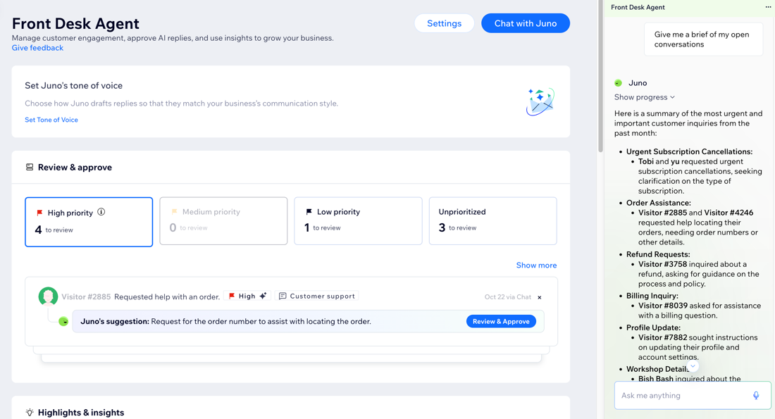A screenshot of Juno summarizing open conversations in the AI Front Desk Agent dashboard.