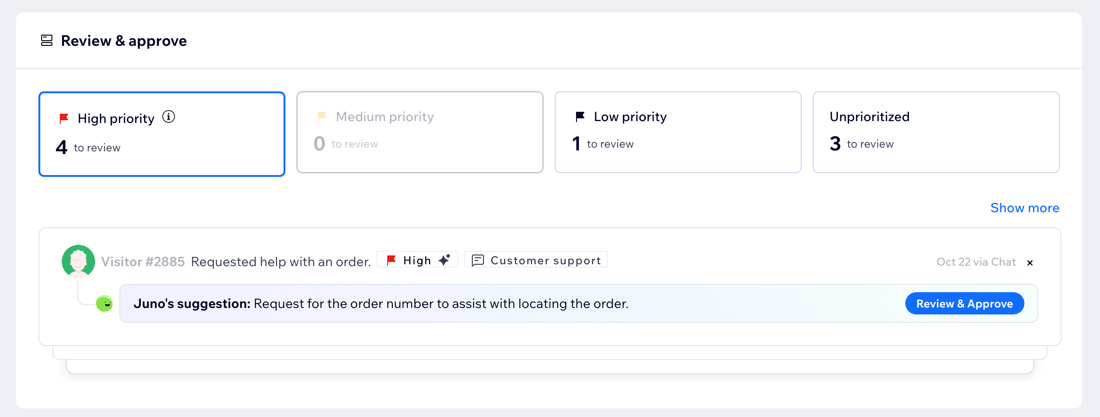 A screenshot of the Review and approve section in the Front Desk Agent dashboard.