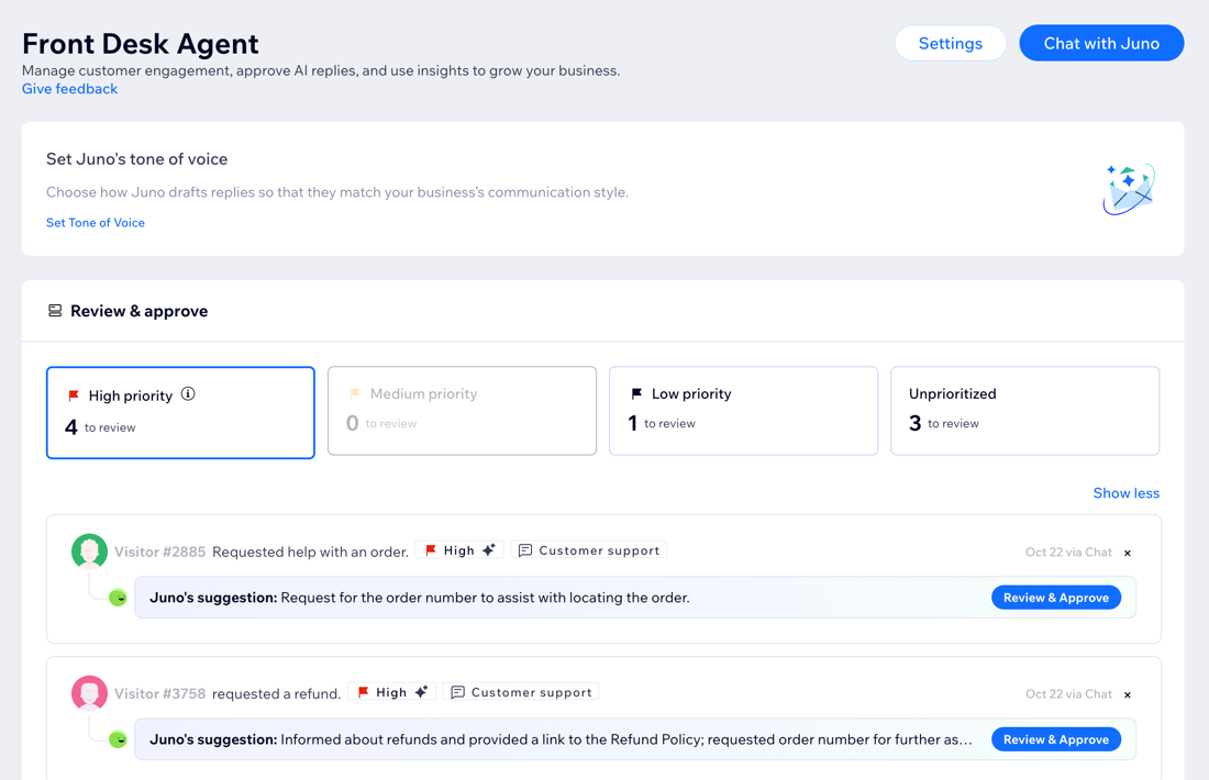 A screenshot of the Front Desk Agent dashboard