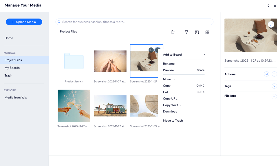 A screenshot of the Wixel media manager.