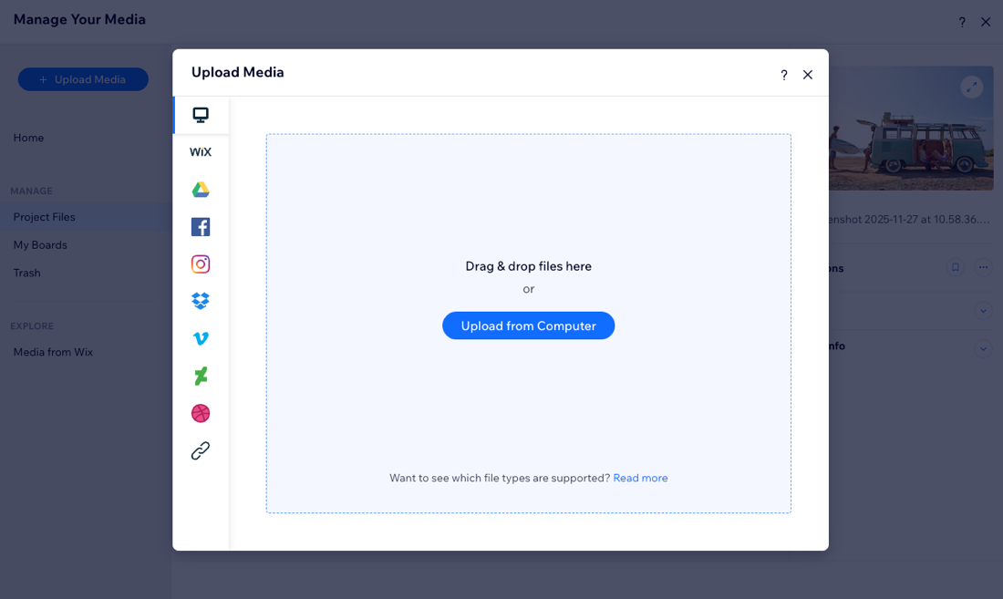 A screenshot of uploading media in the Wixel media manager.