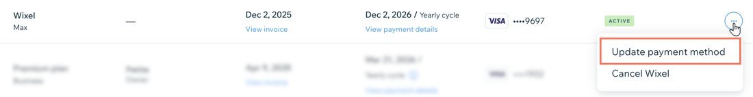 A screenshot of updating the payment method for a Wixel plan.