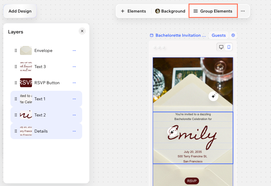 A screenshot of grouping elements in Wixel.