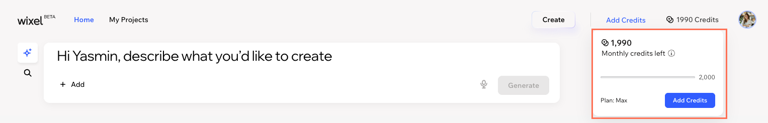 A screenshot showing the AI credit balance in Wixel.