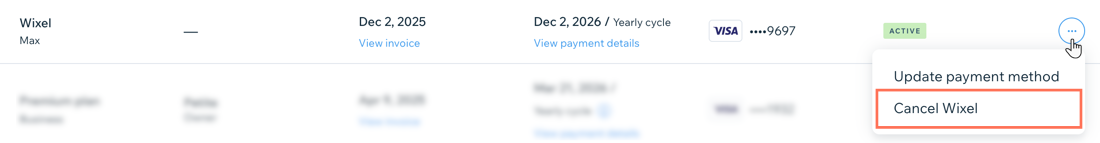 A screenshot of cancelling a Wixel plan.