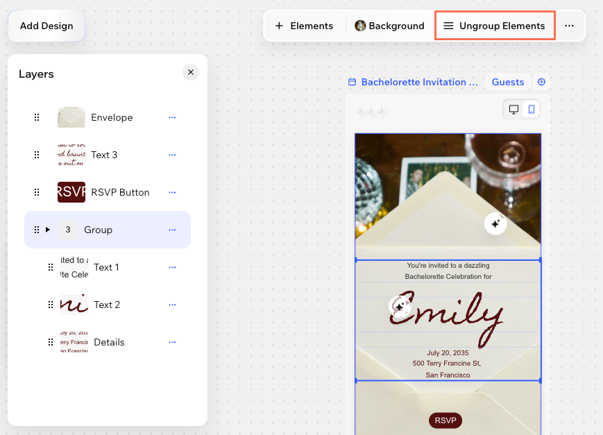 A screenshot of ungrouping elements in Wixel.
