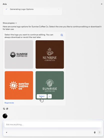 A screenshot showing AI-generated logo options in Wixel.