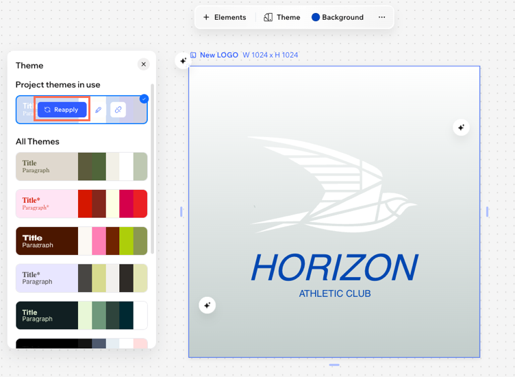 A screenshot highlighting the Reapply button in the Theme panel on Wixel.