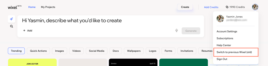A screenshot highlighting how to switch between Wixel versions.