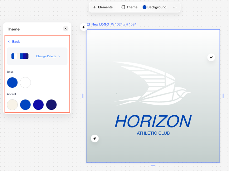 A screenshot of showing the color options in the Theme panel in Wixel.