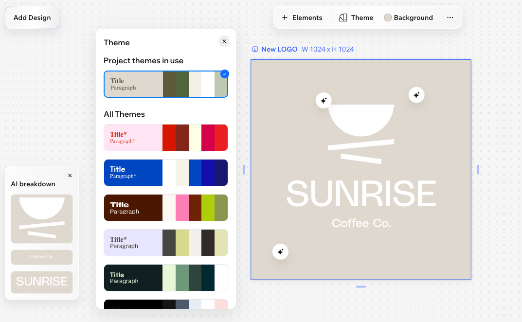 A screenshot of the theme options for a logo in Wixel.