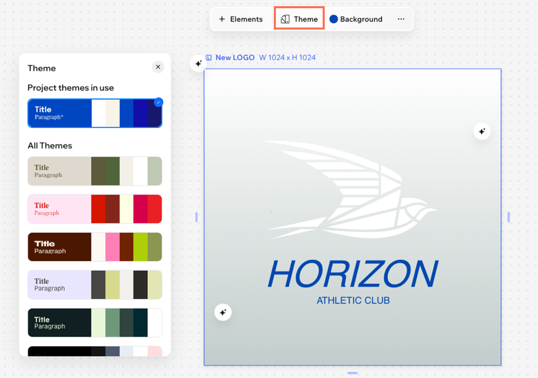 A screenshot of highlighting the Theme button and showing the Theme panel in Wixel.
