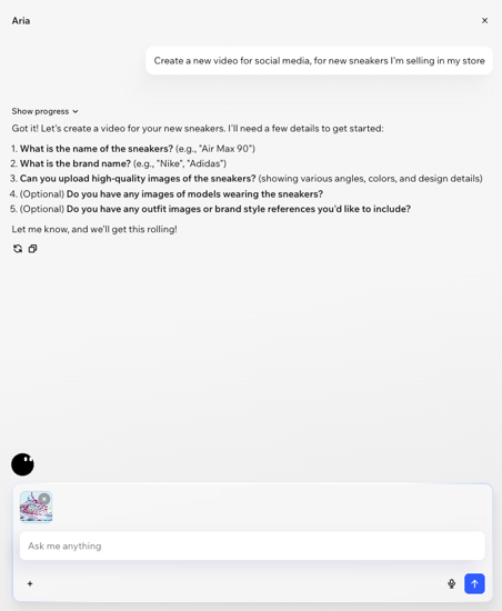A screenshot of chatting with Aria about creating a video.