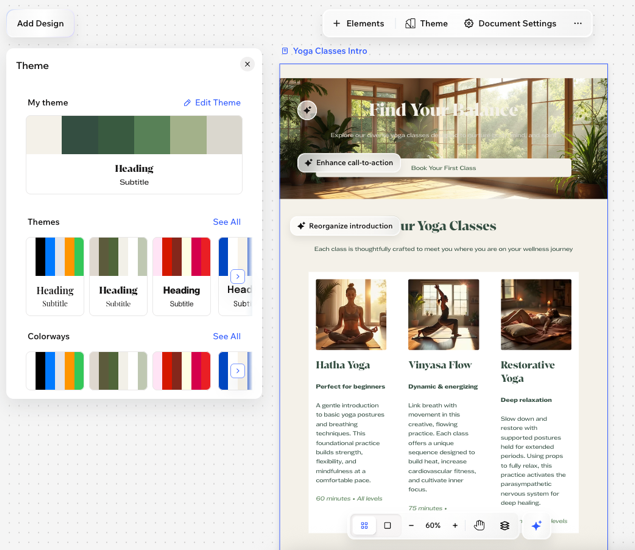 A screenshot of the theme options on a document in Wixel.