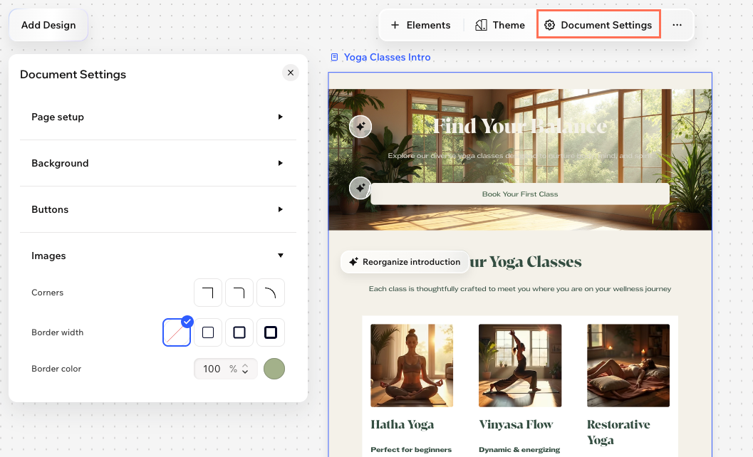 A screenshot of the document settings in Wixel.