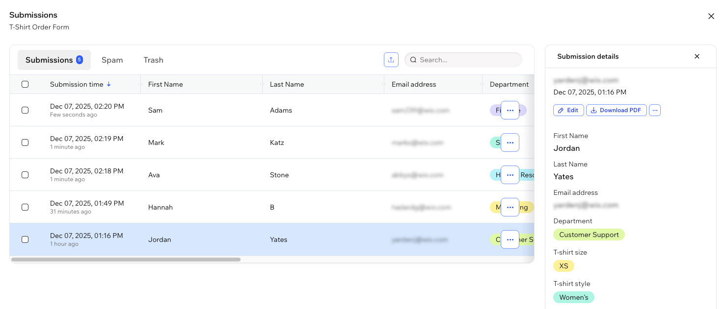A screenshot of submissions in a Wixel form.