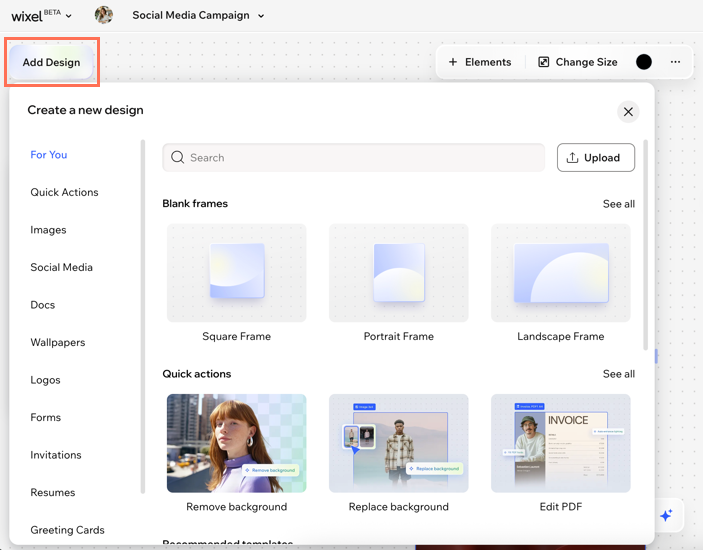 A screenshot of the Add Design panel in Wixel.