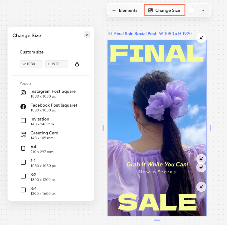 A screenshot of the change size panel with the button highlighted in the Wixel mobile browser.