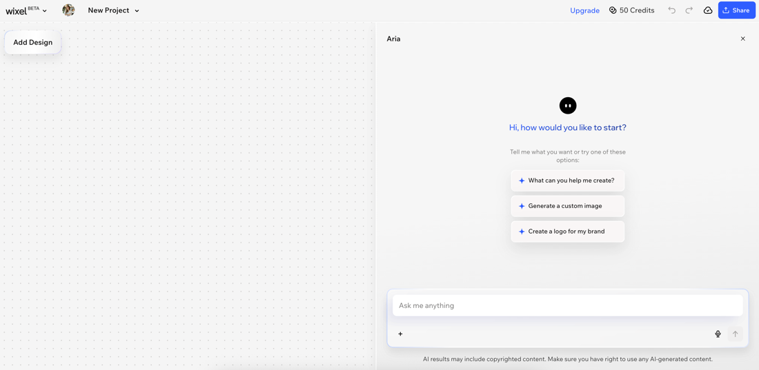 A screenshot of Aria in Wixel.