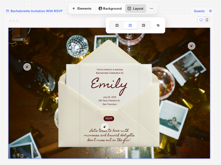 A screenshot of an invitation with layout options open in Wixel.