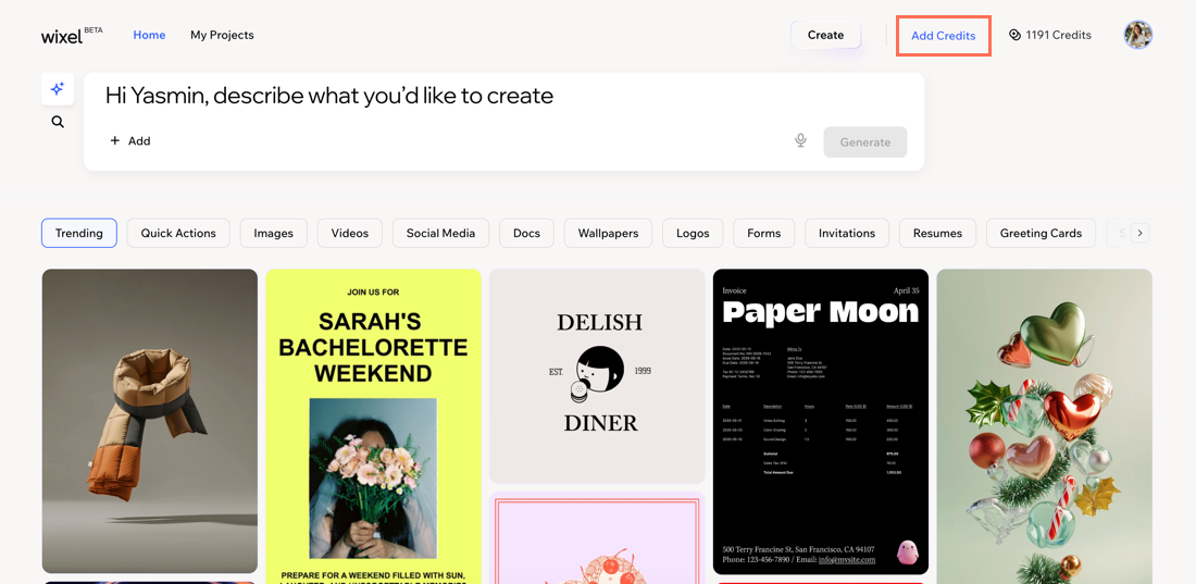 A screenshot of the Add Credits button in Wixel.