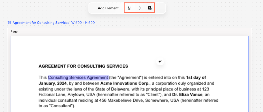 A screenshot of the tools to edit text in a PDF in Wixel.