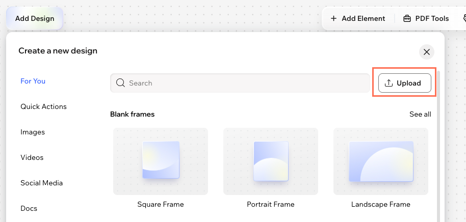 A screenshot of the Upload button in Wixel.