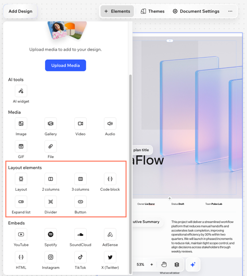 A screenshot of layout elements in the documents add panel in Wixel.