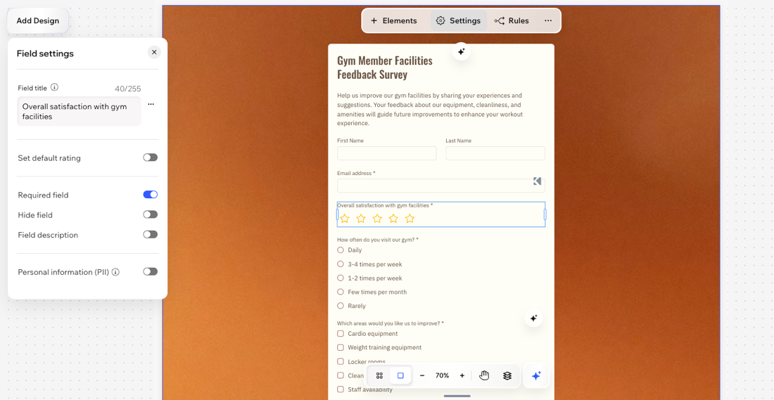 A screenshot of the form field settings in Wixel.