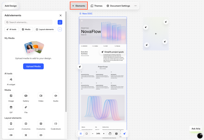 A screenshot of the Add elements panel for a document in Wixel.