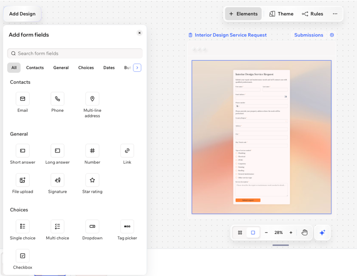 A screenshot of the form field options in Wixel.