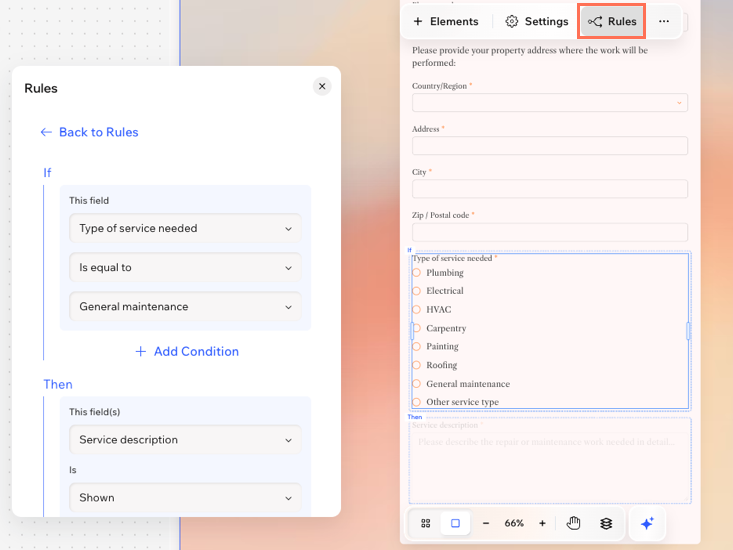 A screenshot of a conditional rule in Wixel.
