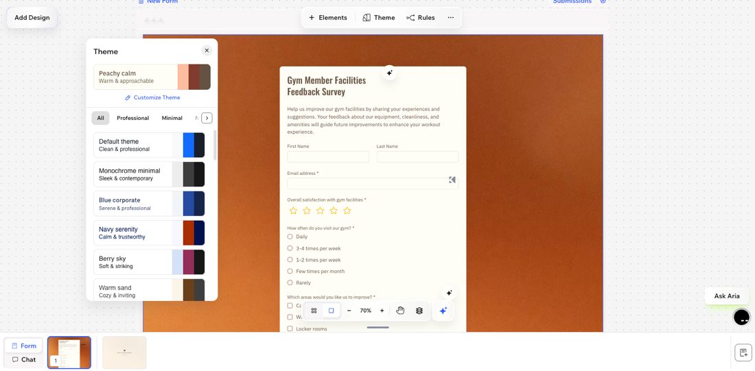 A screenshot of the theme panel in a form in Wixel.