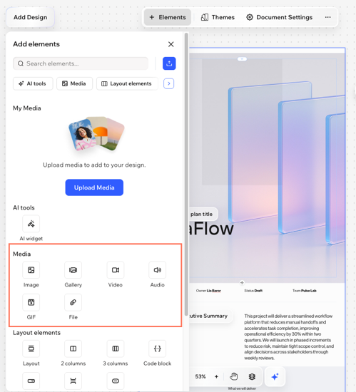 A screenshot of Media elements in the documents add panel in Wixel.