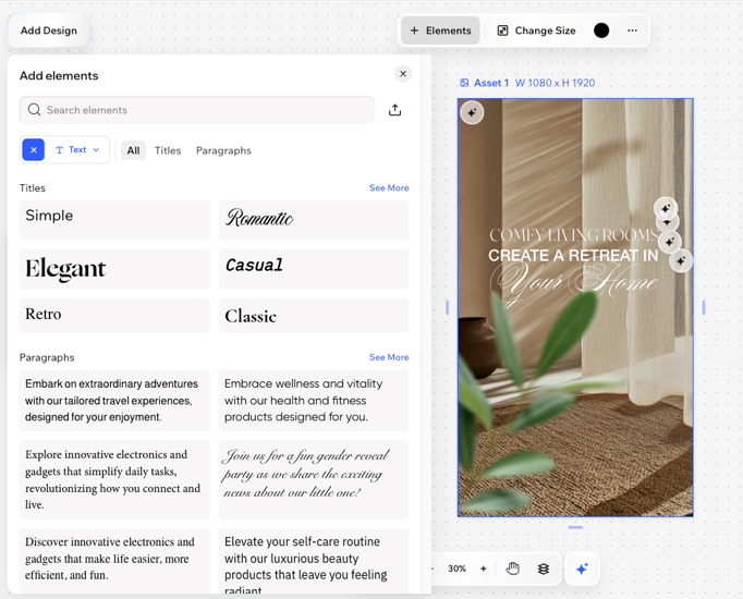 A screenshot of the add elements panel in Wixel