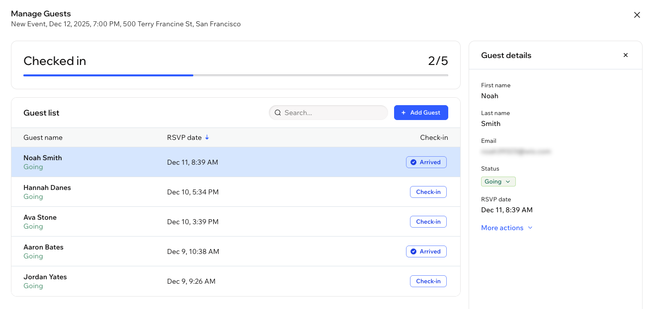 A screenshot of event guests list in Wixel.