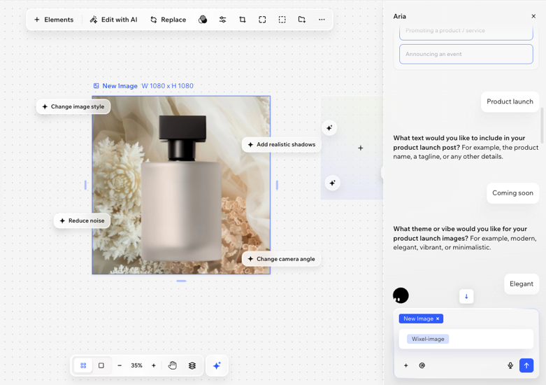 A screenshot of using Aria to create an image in Wixel.
