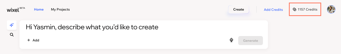 A screenshot showing the AI credit balance in Wixel.