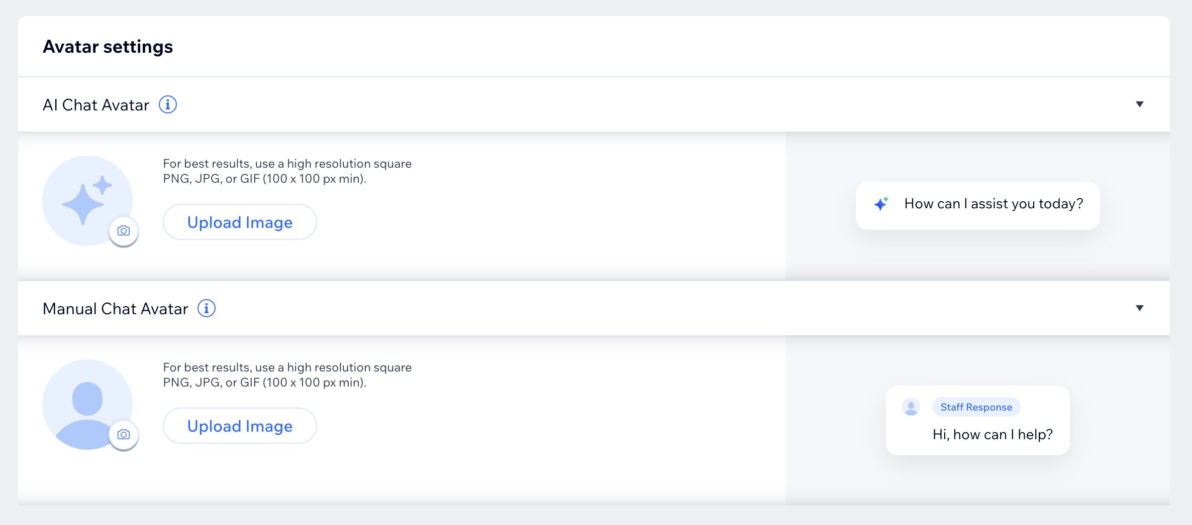 A screenshot of the Avatar settings in Wix Smart Chat.