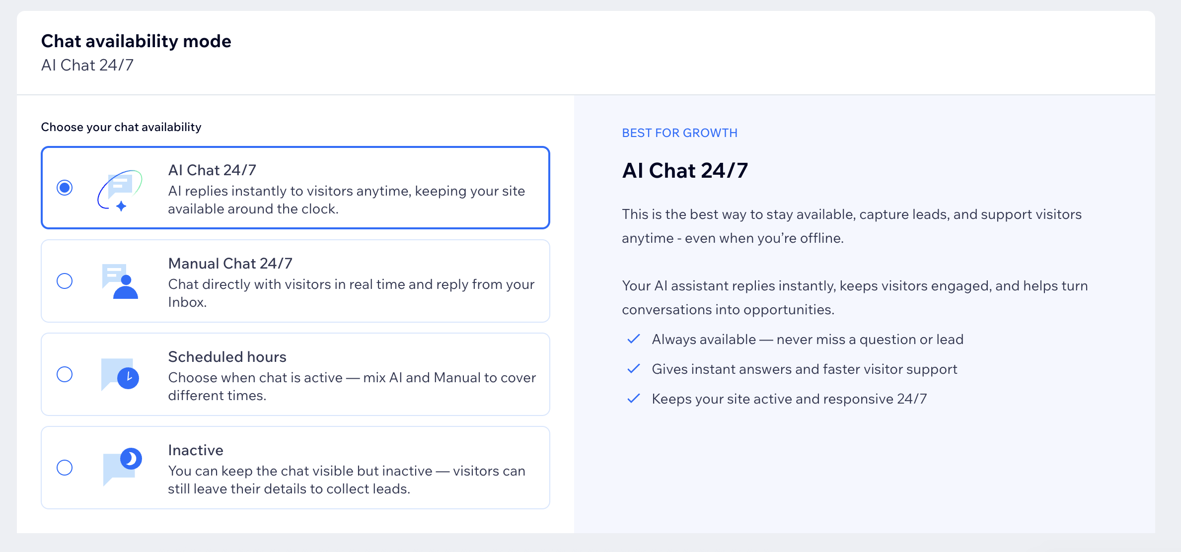 A screenshot of the chat availability modes in Wix Smart Chat.