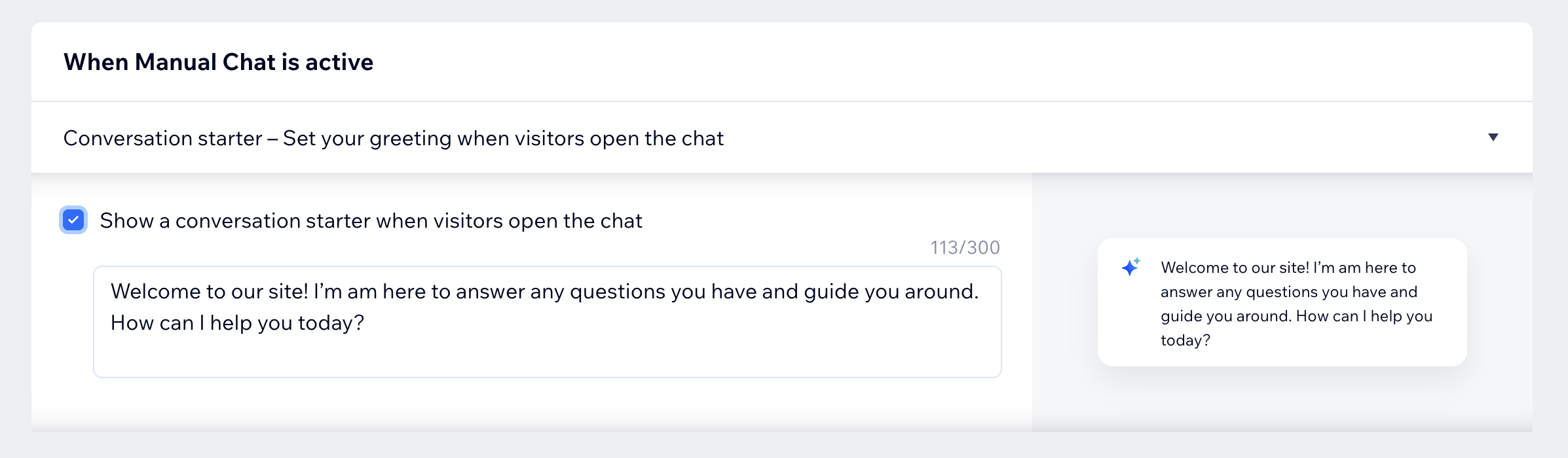 A screenshot of the manual chat settings in Wix Smart Chat.